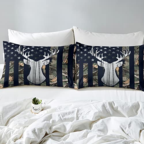 Camouflage USA Flag Bed Sheet Set Queen Size,Green Camo Grey Deer Antlers and Trees Quality Brushed Microfiber Luxury Bedding Set,American Flag Bedding (1 Fitted,1 Flat,2 Pillowcases),Soft Fabric