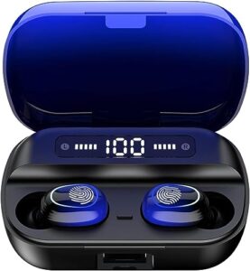 kinganda bluetooth headphones true wireless earbuds touch control with led charging case, ipx7 waterproof, hifi stereo in ear earphones, deep bass sports ear buds with built-in mic blue