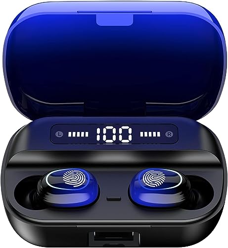 Kinganda Bluetooth Headphones True Wireless Earbuds Touch Control with LED Charging Case, IPX7 Waterproof, HiFi Stereo in Ear Earphones, Deep Bass Sports Ear Buds with Built-in Mic Blue