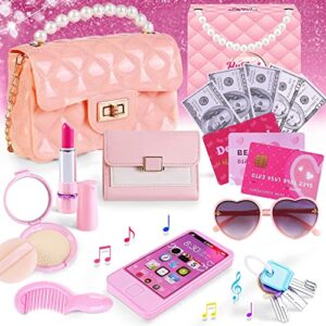 Princeplay Purse Makeup Toys For Girls - Toddlers Kids Bag Cute Baby Little Pink Cell Phone Cosmetic Lipsticks Princess Play Money Jewelry Credit Card Accessories Birthday Gifts 3 4 5 6 7 8+ Years Old