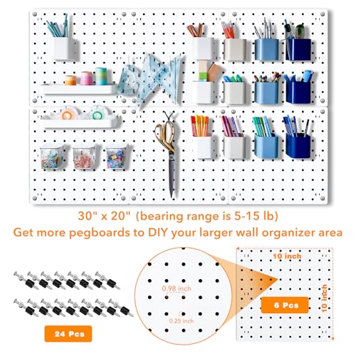 6Pcs Pegboard, Peg Board, Pegboard Wall Organizer, Mount Display Pegboard Kits fit Pegboard Storage, Small Pegboard for Craft Room Garage Kitchen, Peg boards for Walls - White Pegboards Panels