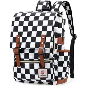 xinveen vintage backpack school bag college daypack slim travel rucksack black and white grid