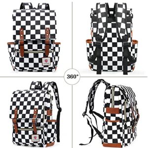 Xinveen Vintage Backpack School Bag College Daypack Slim Travel Rucksack Black and White Grid