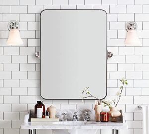 andy star 22"x34" brushed nickel pivot mirror for bathroom, silver metal frame bathroom mirrors for wall，rectangle titling vanity wall mirror with rounded corner design hangs vertically only