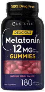 carlyle melatonin gummies 12mg | 180 count | drug free | natural berry flavor | vegan, non-gmo, gluten free