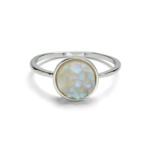 Pura Vida Silver-Plated Druzy Charm Ring w/White Stone - Brass Base, Rhodium Plating - Size 8