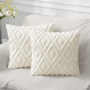 pallene soft faux fur throw pillow covers 18x18 - plush short wool velvet decorative pillow covers - couch sofa pillow covers for living room - with 3d diamond pattern - set of 2 - cream white