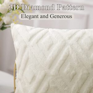 Pallene Soft Faux Fur Throw Pillow Covers 18x18 - Plush Short Wool Velvet Decorative Pillow Covers - Couch Sofa Pillow Covers for Living Room - with 3D Diamond Pattern - Set of 2 - Cream White