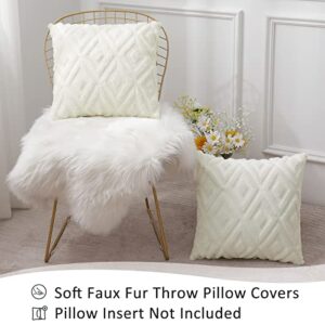 Pallene Soft Faux Fur Throw Pillow Covers 18x18 - Plush Short Wool Velvet Decorative Pillow Covers - Couch Sofa Pillow Covers for Living Room - with 3D Diamond Pattern - Set of 2 - Cream White