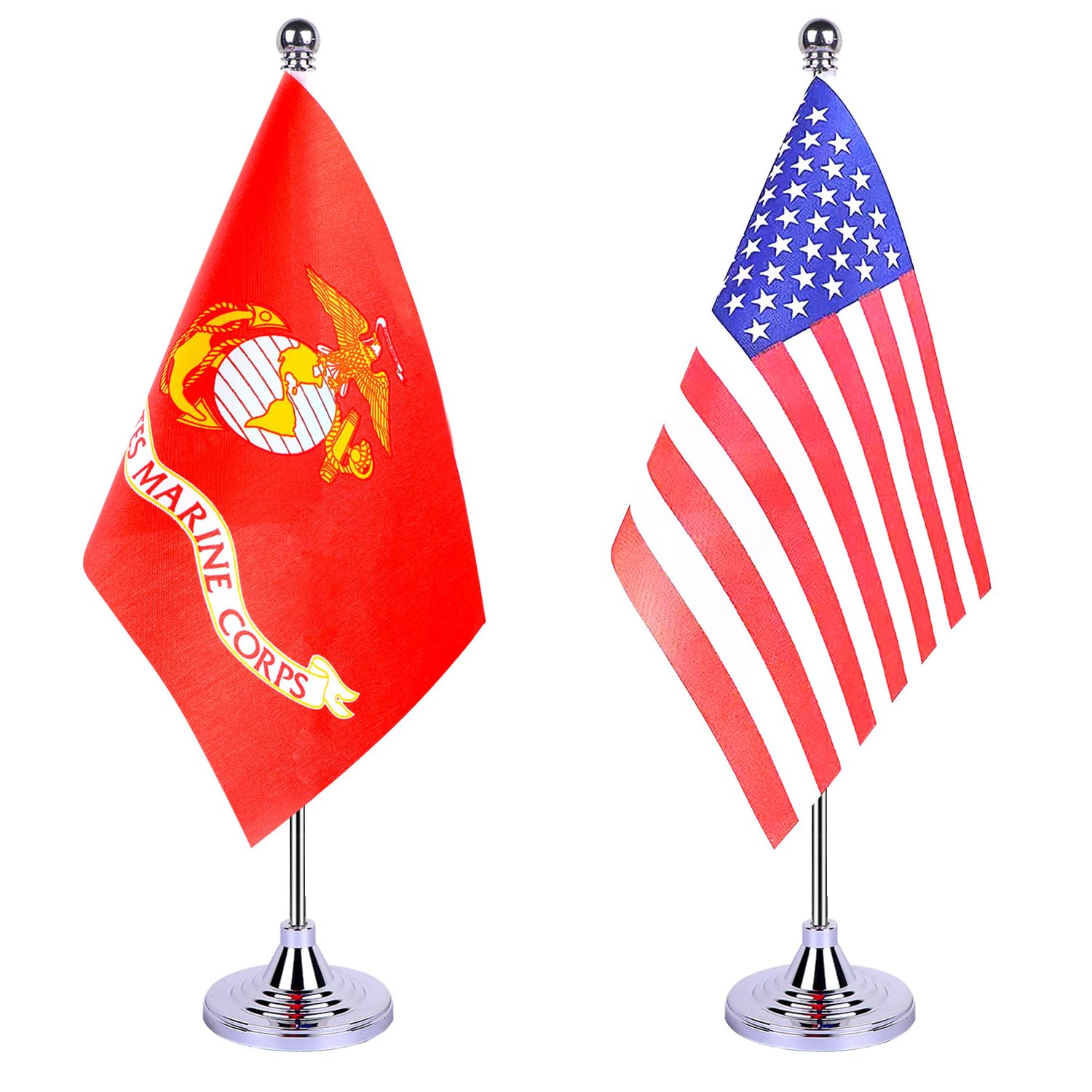 WXTWK 2 Pack American USA Marine Corps USMC Desk Flag Small Mini US Military Table Flags With Stand Base,United States Army Festival Events Celebration Decorations