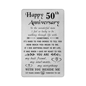 tanwih 50th anniversary card for husband - 50 years down forever to go - 50 year wedding anniversary card gifts for him men, engraved metal wallet card