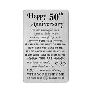 TANWIH 50th Anniversary Card for Husband - 50 Years Down Forever to Go - 50 Year Wedding Anniversary Card Gifts for Him Men, Engraved Metal Wallet Card