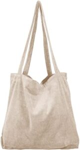 women’s corduroy tote bag, casual handbags big capacity shoulder shopping bag with 2 pockets (white)