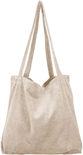 Women’s Corduroy Tote Bag, Casual Handbags Big Capacity Shoulder Shopping Bag with 2 Pockets (White)