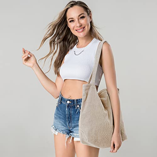 Women’s Corduroy Tote Bag, Casual Handbags Big Capacity Shoulder Shopping Bag with 2 Pockets (White)
