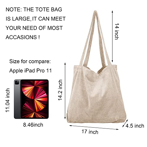 Women’s Corduroy Tote Bag, Casual Handbags Big Capacity Shoulder Shopping Bag with 2 Pockets (White)