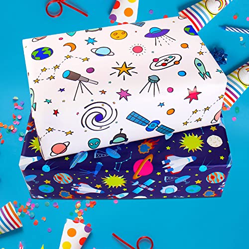 Outer Space Wrapping Paper Birthday Wrapping Paper for Boys Girls Kids Childrens Men Women - Gift Wrapping Paper Set with Blue White Navy Bulk Packaging Paper Assortment for Birthday Party Holiday Decoration DIY Crafts Supplies - Galaxy Spaceship Galactic