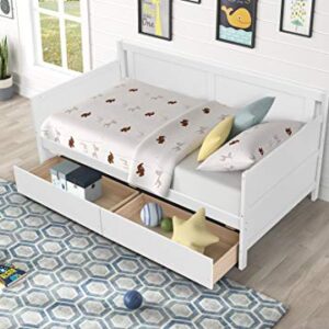 AWQM Twin Bed Frame with Storage & 2 Drawers,Wood Twin Platform Bed Frame with Headboard and Footboard,Twin Daybed for Kids Toddler Girls Boys, No Box Spring Needed,White