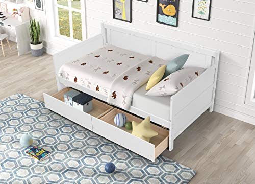 AWQM Twin Bed Frame with Storage & 2 Drawers,Wood Twin Platform Bed Frame with Headboard and Footboard,Twin Daybed for Kids Toddler Girls Boys, No Box Spring Needed,White