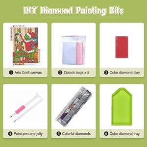 NAIMOER Christmas Diamond Painting Kits for Adults, Full Drill Round Merry Grinchmas Diamond Art Cartoon Gem Painting, Grinch Diamond Painting for Home Wall Decor 12x16inch