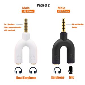 (2 Pack) Headset Splitter 3.5mm Jack, Headphone and Mic Y Splitter, Dual Headphone Jack Adapter, Double Headset Adapter, TRRS 4 pins Audio Jack.
