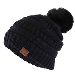 c.c hatsandscarf women's snuggly soft yarn beanie with soft faux color fur (hat-7002) black