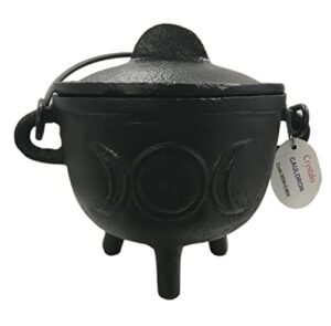 crystalo - triple moon cast iron cauldron with lid, 4"