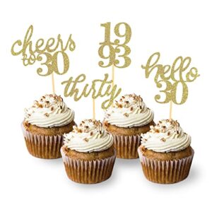 24 pcs gold glitter 30th birthday cupcake toppers for celebrating thirty years old birthday party decorations for 30th anniversary party supplies