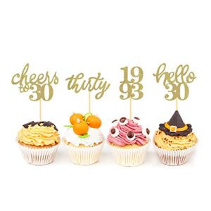 24 PCS Gold Glitter 30th Birthday Cupcake Toppers for Celebrating Thirty Years Old Birthday Party Decorations for 30th Anniversary Party Supplies