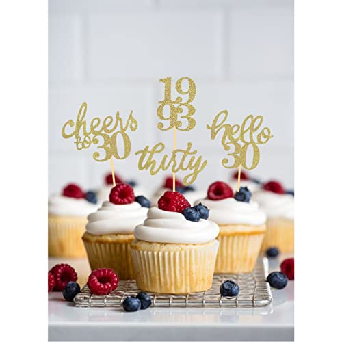 24 PCS Gold Glitter 30th Birthday Cupcake Toppers for Celebrating Thirty Years Old Birthday Party Decorations for 30th Anniversary Party Supplies