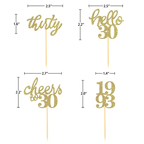 24 PCS Gold Glitter 30th Birthday Cupcake Toppers for Celebrating Thirty Years Old Birthday Party Decorations for 30th Anniversary Party Supplies