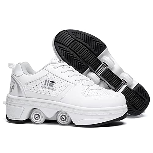 TAILORIA Double Row Roller Skate Roller Shoes Unisex Kick Roller Shoes Four Wheel Skateboard Shoes Children's Skates Detachable 2 in 1 Roller Skates White