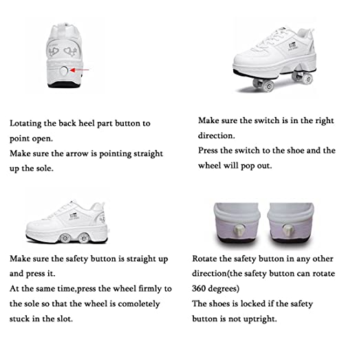 TAILORIA Double Row Roller Skate Roller Shoes Unisex Kick Roller Shoes Four Wheel Skateboard Shoes Children's Skates Detachable 2 in 1 Roller Skates White