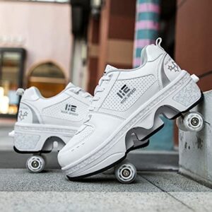 TAILORIA Double Row Roller Skate Roller Shoes Unisex Kick Roller Shoes Four Wheel Skateboard Shoes Children's Skates Detachable 2 in 1 Roller Skates White