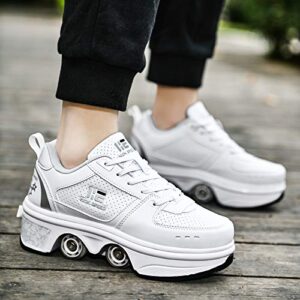 TAILORIA Double Row Roller Skate Roller Shoes Unisex Kick Roller Shoes Four Wheel Skateboard Shoes Children's Skates Detachable 2 in 1 Roller Skates White