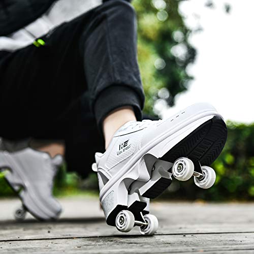 TAILORIA Double Row Roller Skate Roller Shoes Unisex Kick Roller Shoes Four Wheel Skateboard Shoes Children's Skates Detachable 2 in 1 Roller Skates White