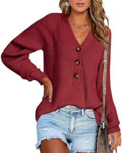 btfbm women long sleeve v neck button down sweater solid color ribbed knit sweater casual relaxed fit pullover jumper (solid jujube red, large)