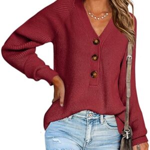 BTFBM Women Long Sleeve V Neck Button Down Sweater Solid Color Ribbed Knit Sweater Casual Relaxed Fit Pullover Jumper (Solid Jujube Red, Large)