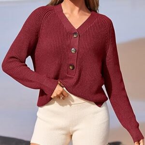 BTFBM Women Long Sleeve V Neck Button Down Sweater Solid Color Ribbed Knit Sweater Casual Relaxed Fit Pullover Jumper (Solid Jujube Red, Large)