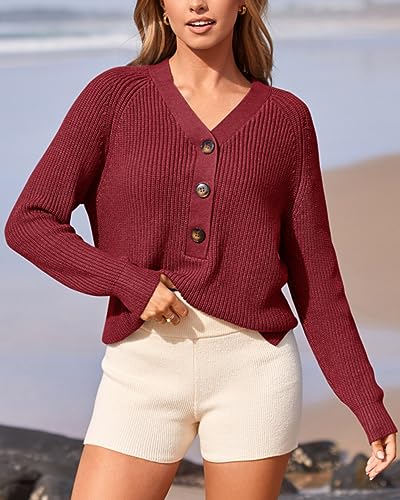 BTFBM Women Long Sleeve V Neck Button Down Sweater Solid Color Ribbed Knit Sweater Casual Relaxed Fit Pullover Jumper (Solid Jujube Red, Large)