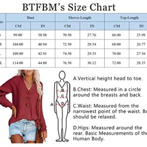 BTFBM Women Long Sleeve V Neck Button Down Sweater Solid Color Ribbed Knit Sweater Casual Relaxed Fit Pullover Jumper (Solid Jujube Red, Large)