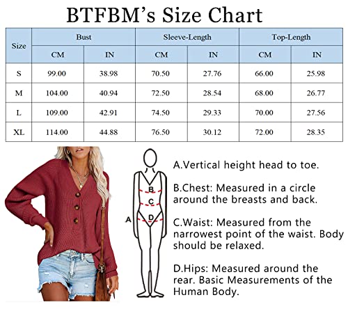 BTFBM Women Long Sleeve V Neck Button Down Sweater Solid Color Ribbed Knit Sweater Casual Relaxed Fit Pullover Jumper (Solid Jujube Red, Large)