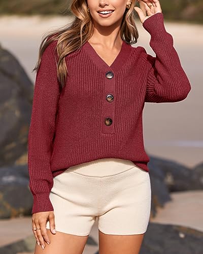 BTFBM Women Long Sleeve V Neck Button Down Sweater Solid Color Ribbed Knit Sweater Casual Relaxed Fit Pullover Jumper (Solid Jujube Red, Large)