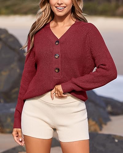 BTFBM Women Long Sleeve V Neck Button Down Sweater Solid Color Ribbed Knit Sweater Casual Relaxed Fit Pullover Jumper (Solid Jujube Red, Large)