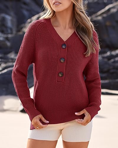 BTFBM Women Long Sleeve V Neck Button Down Sweater Solid Color Ribbed Knit Sweater Casual Relaxed Fit Pullover Jumper (Solid Jujube Red, Large)