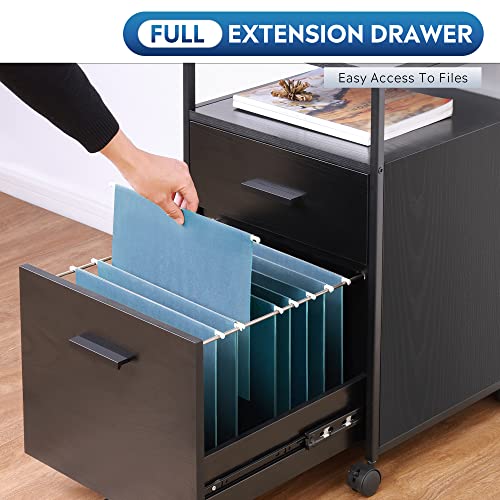 DEVAISE 2 Drawer File Cabinet, Mobile Printer Stand with Open Storage Shelf, Wood Filing Cabinet fits A4 or Letter Size for Home Office, Black
