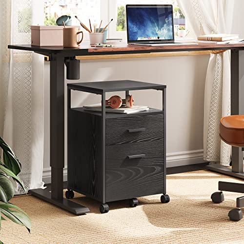 DEVAISE 2 Drawer File Cabinet, Mobile Printer Stand with Open Storage Shelf, Wood Filing Cabinet fits A4 or Letter Size for Home Office, Black