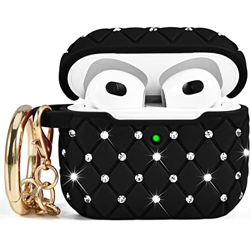 Airpods 3rd Generation Case for Women, Cute Glitter Rhinestone Airpod Gen 3 Cases Hard Cover with Keychain Compatible with Apple Wireless iPod 3rd Charging Case 2021, Black