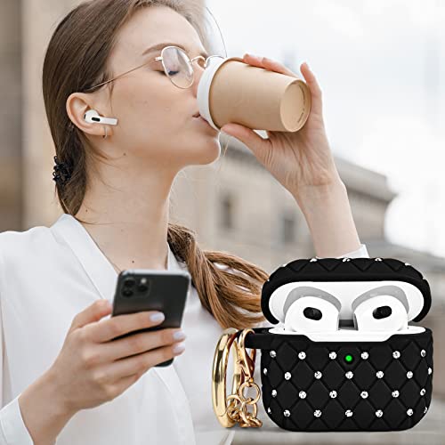 Airpods 3rd Generation Case for Women, Cute Glitter Rhinestone Airpod Gen 3 Cases Hard Cover with Keychain Compatible with Apple Wireless iPod 3rd Charging Case 2021, Black