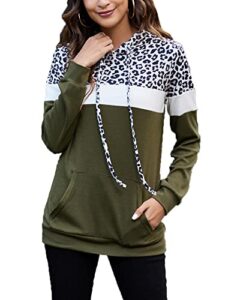 bluetime women pullover sweatshirt with pocket color block long sleeve fall tops shirts leopard hoodies (xl, leopard olive green)